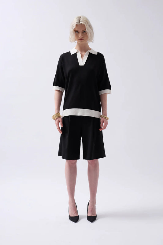 V Neck Stripe Detail Black White T-Shirt