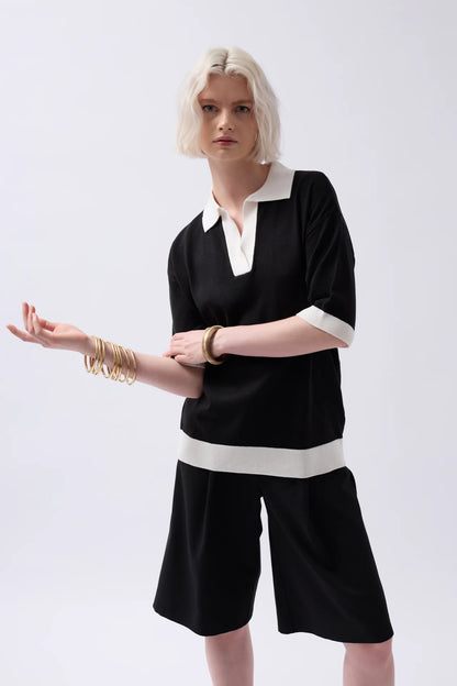 V Neck Stripe Detail Black White T-Shirt