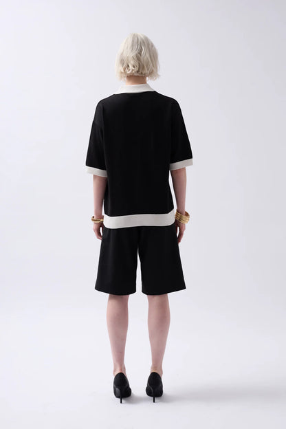 V Neck Stripe Detail Black White T-Shirt