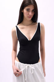 V Neck Stripe Detail Black Bodysuit