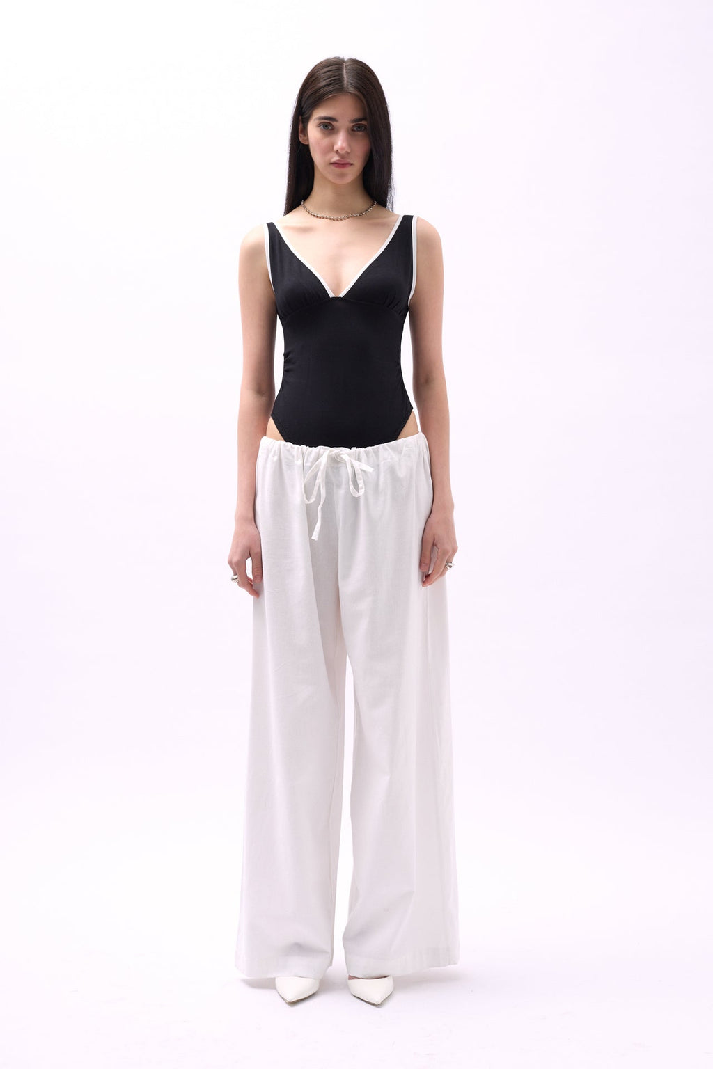 V Neck Serit Detail Black Bodysuit