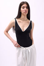 V Neck Serit Detail Black Bodysuit