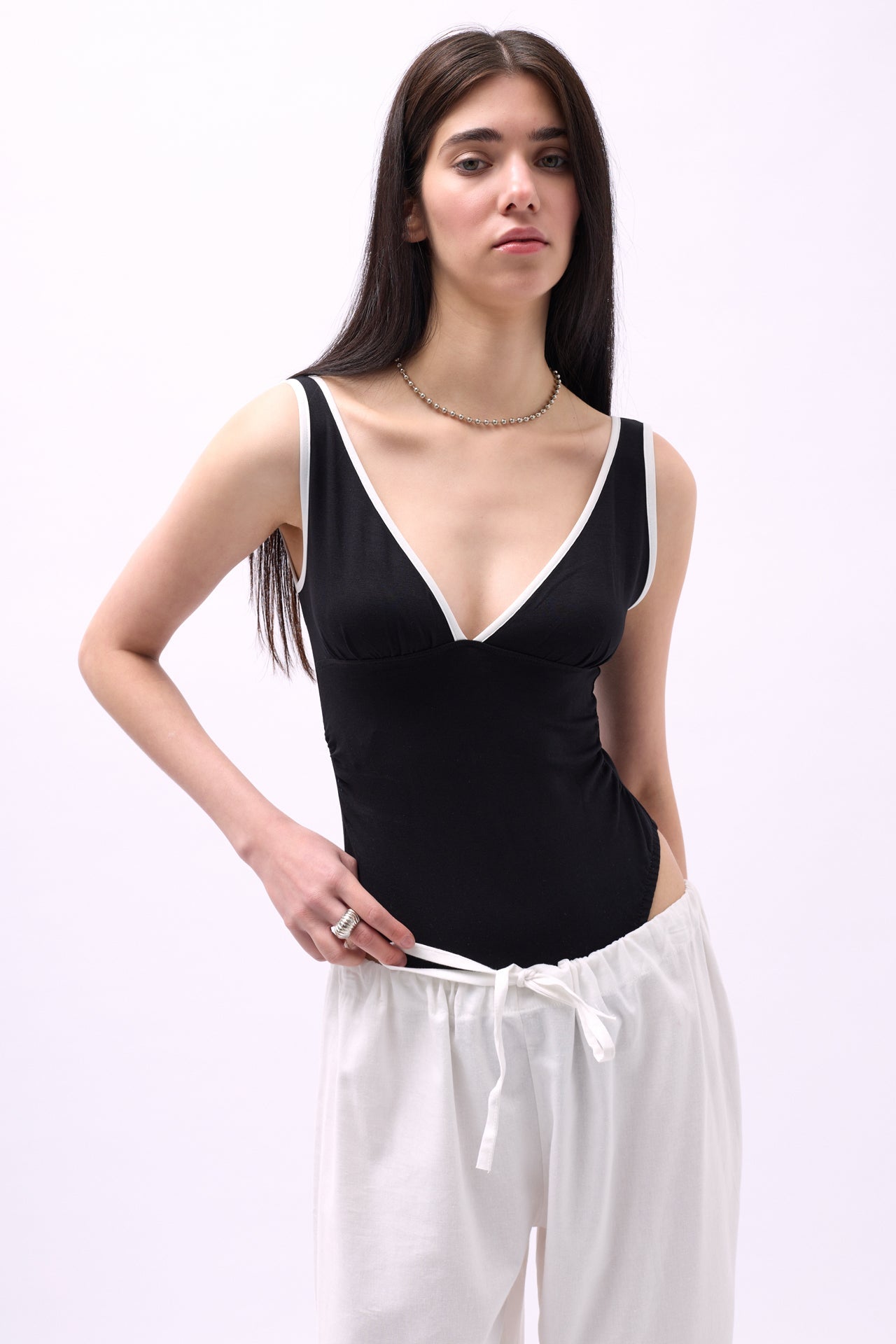 V Neck Serit Detail Black Bodysuit