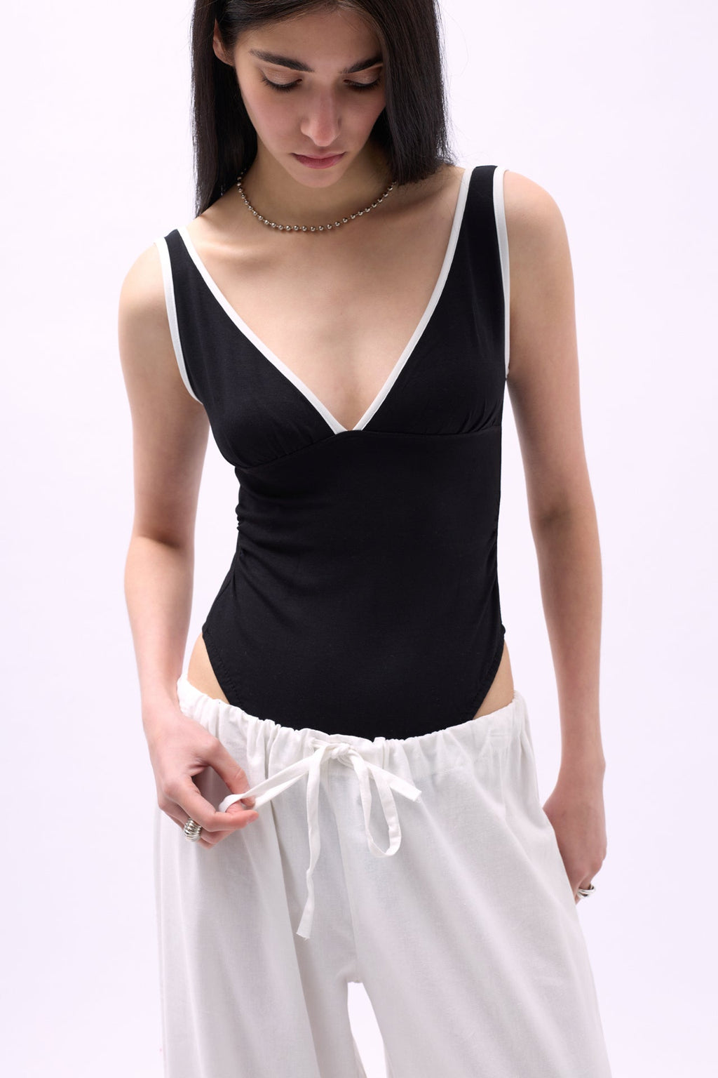 V Neck Serit Detail Black Bodysuit