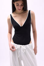 V Neck Serit Detail Black Bodysuit