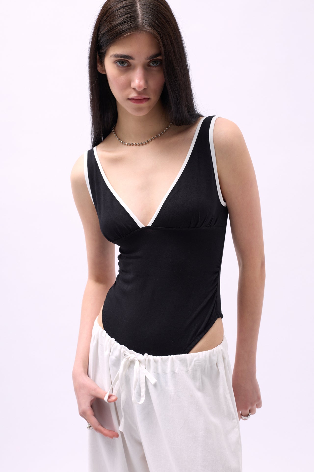 V Neck Serit Detail Black Bodysuit