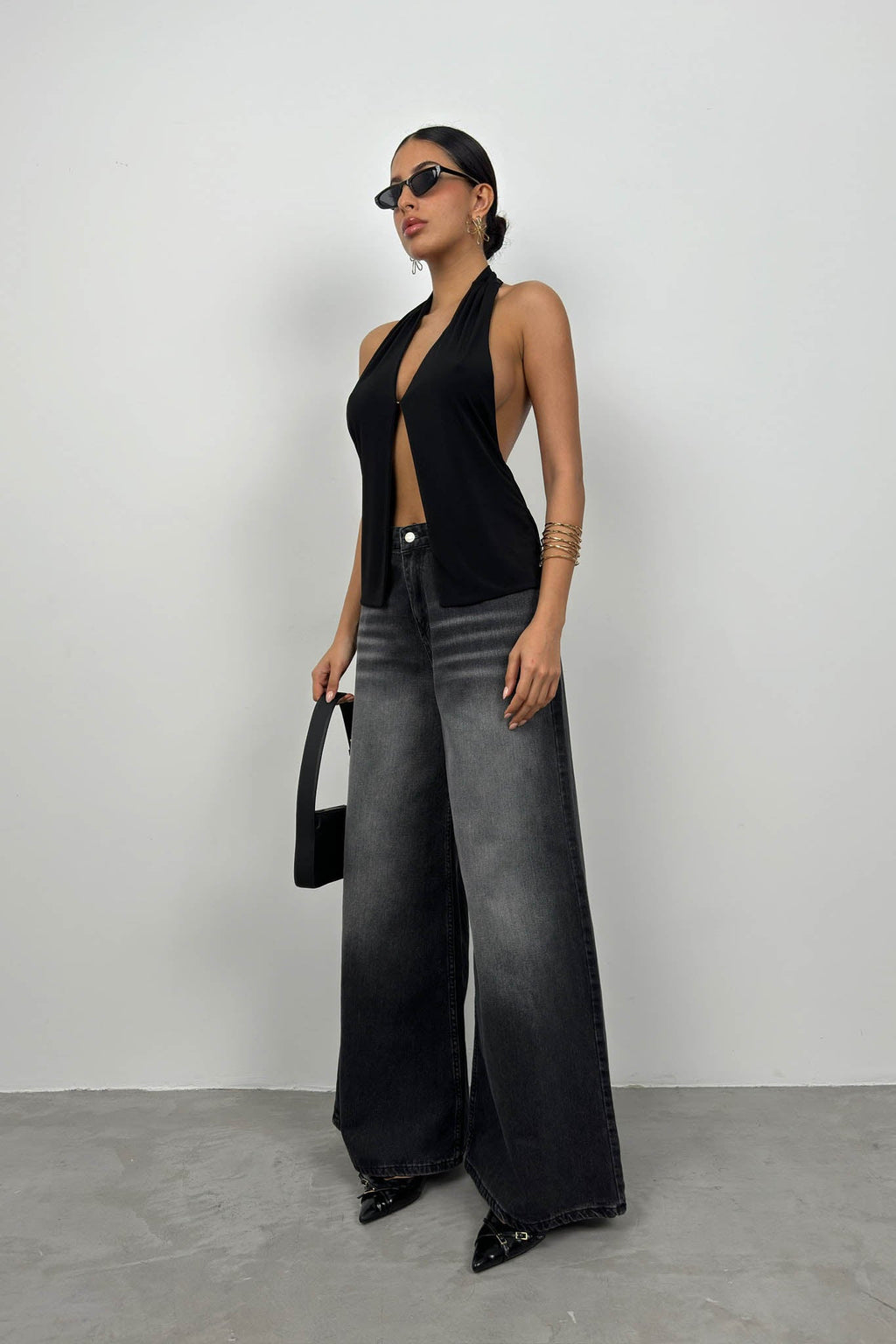 V-Neck Back Cut-Out Black Blouse