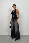 V-Neck Back Cut-Out Black Blouse
