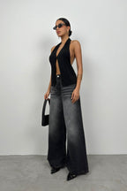 V-Neck Back Cut-Out Black Blouse