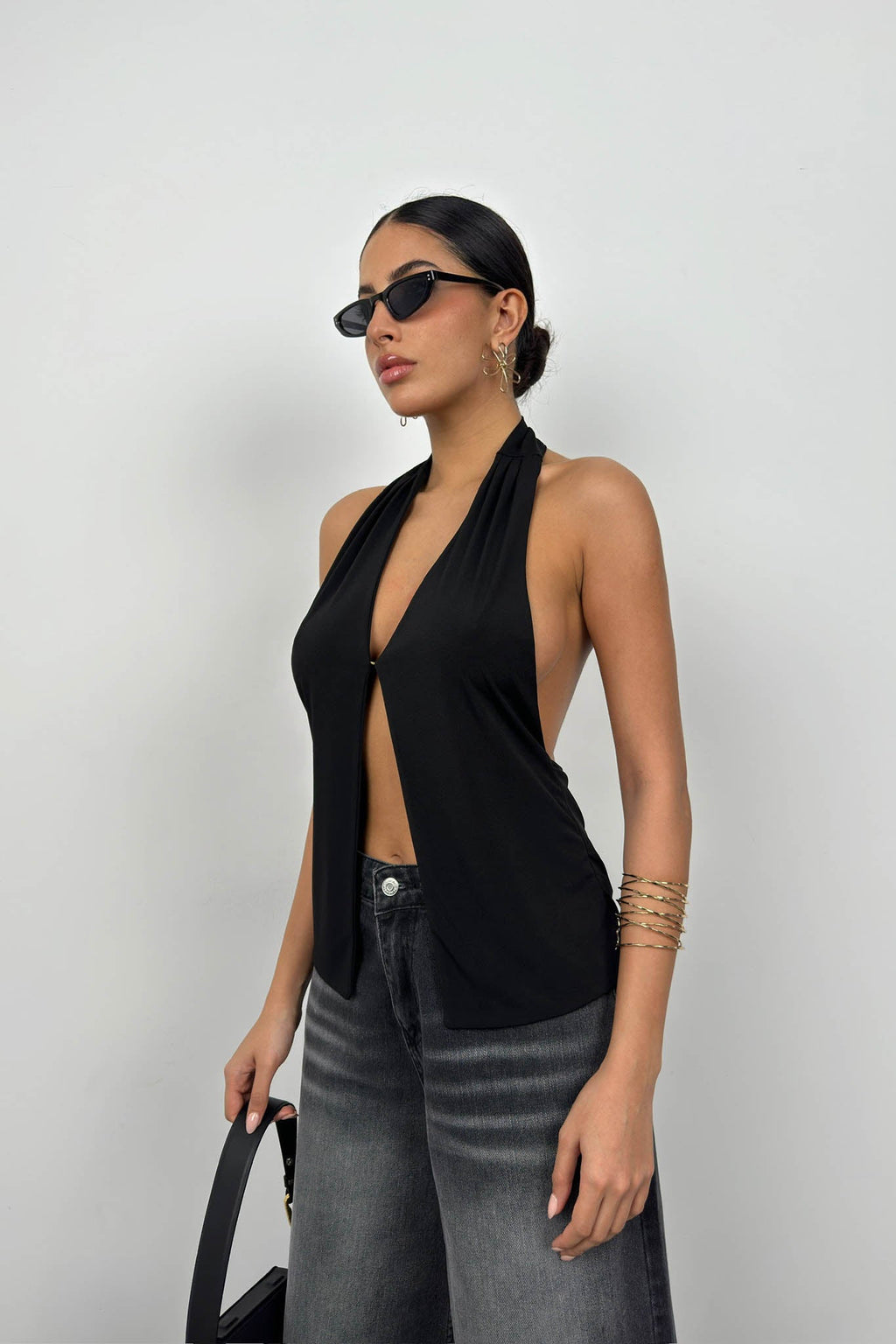 V-Neck Back Cut-Out Black Blouse