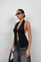 V-Neck Back Cut-Out Black Blouse