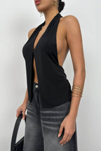 V-Neck Back Cut-Out Black Blouse