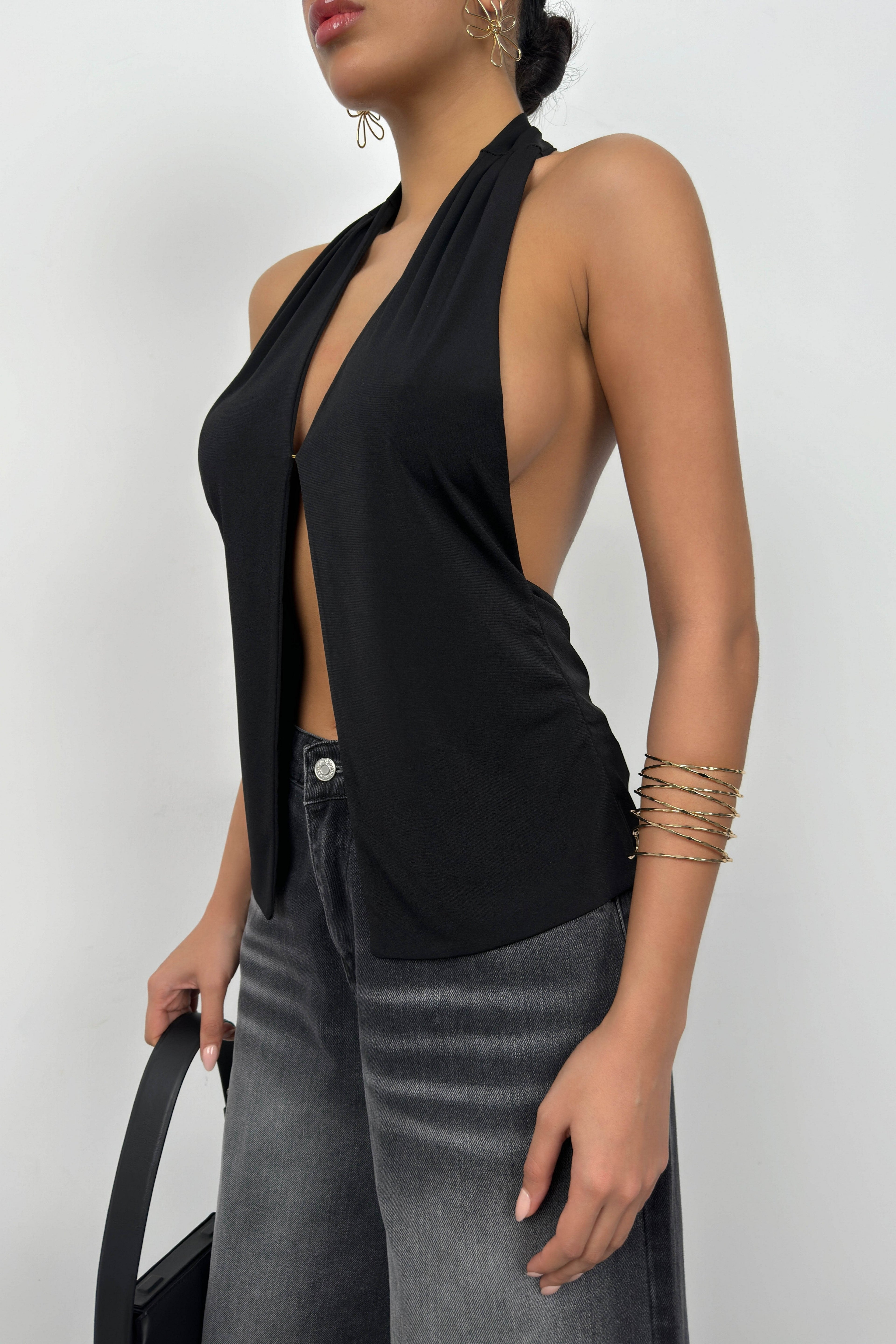 V-Neck Back Cut-Out Black Blouse