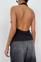 V-Neck Back Cut-Out Black Blouse