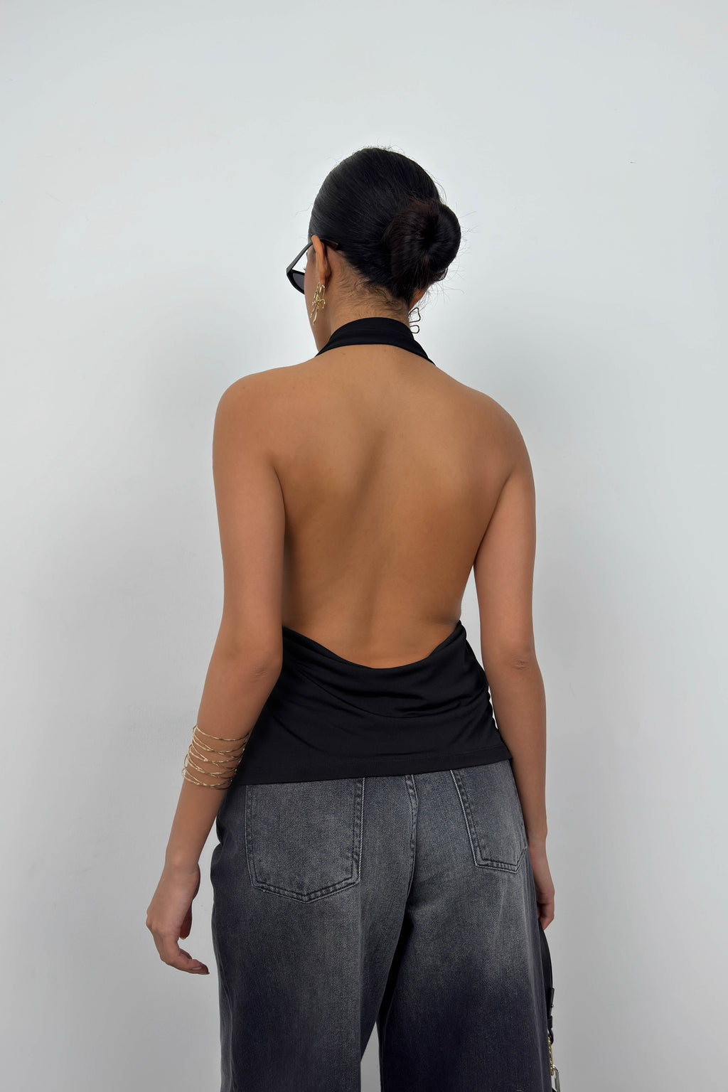 V-Neck Back Cut-Out Black Blouse