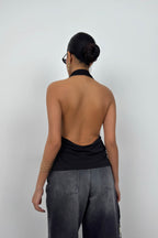 V-Neck Back Cut-Out Black Blouse