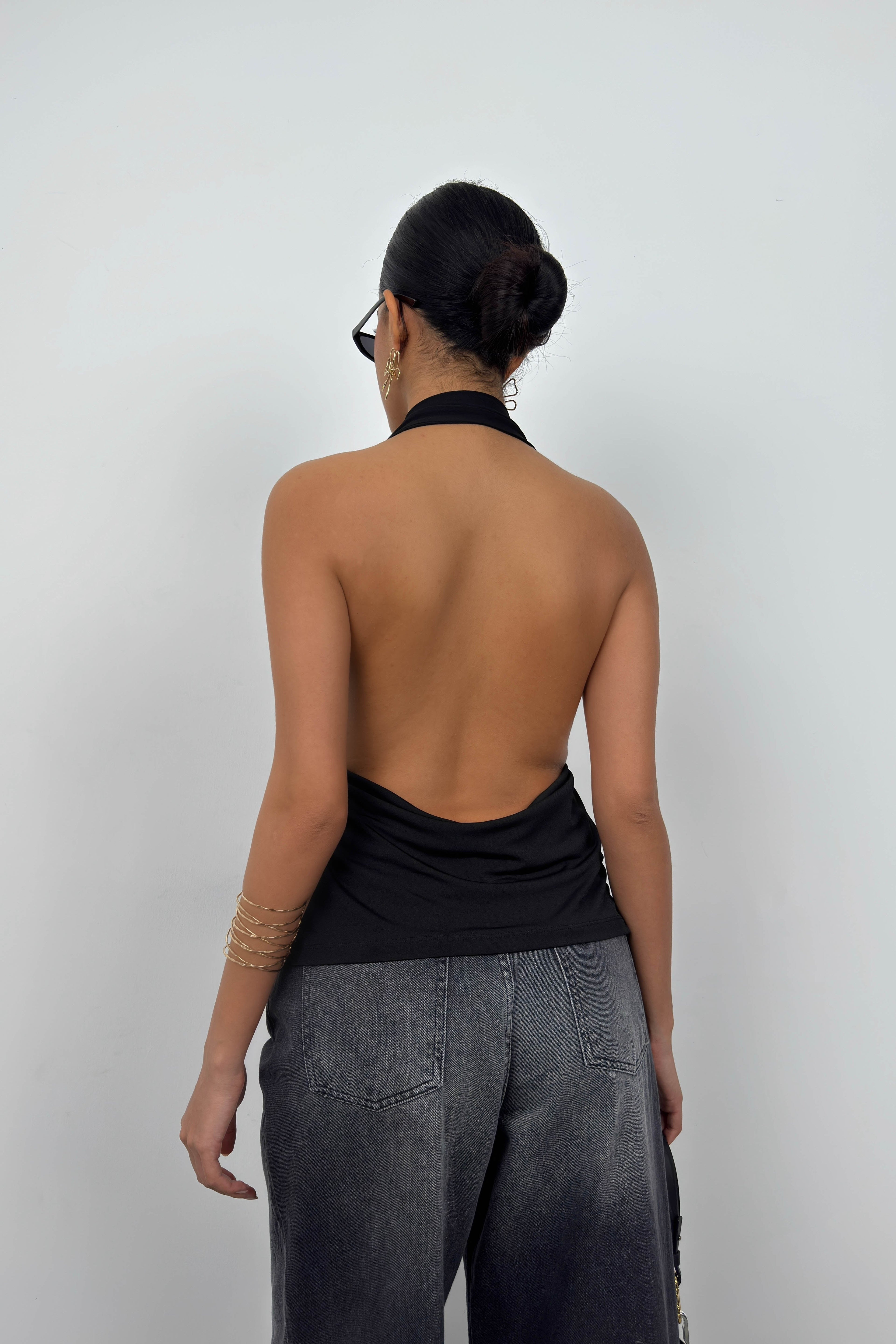V-Neck Back Cut-Out Black Blouse