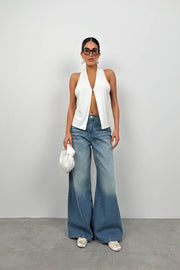 V Neck Backless Ecru Blouse