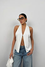 V Neck Back Cutout Ecru Blouse