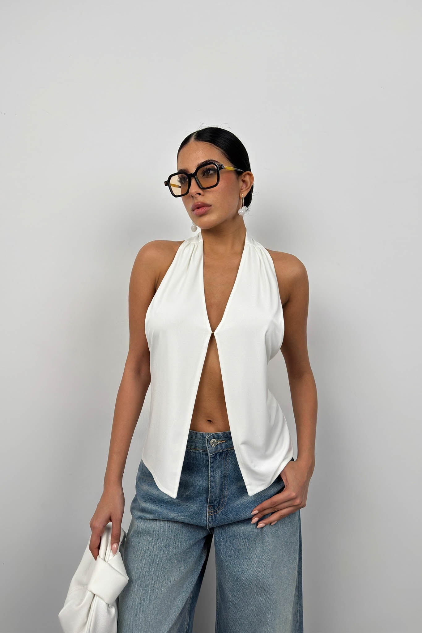 V Neck Back Cutout Ecru Blouse