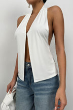 V Neck Back Cutout Ecru Blouse