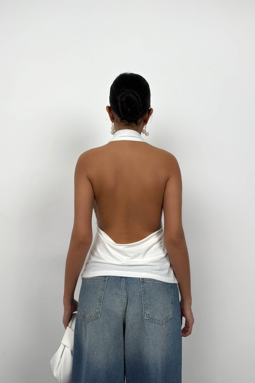 V Neck Back Cutout Ecru Blouse