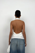 V Neck Back Cutout Ecru Blouse