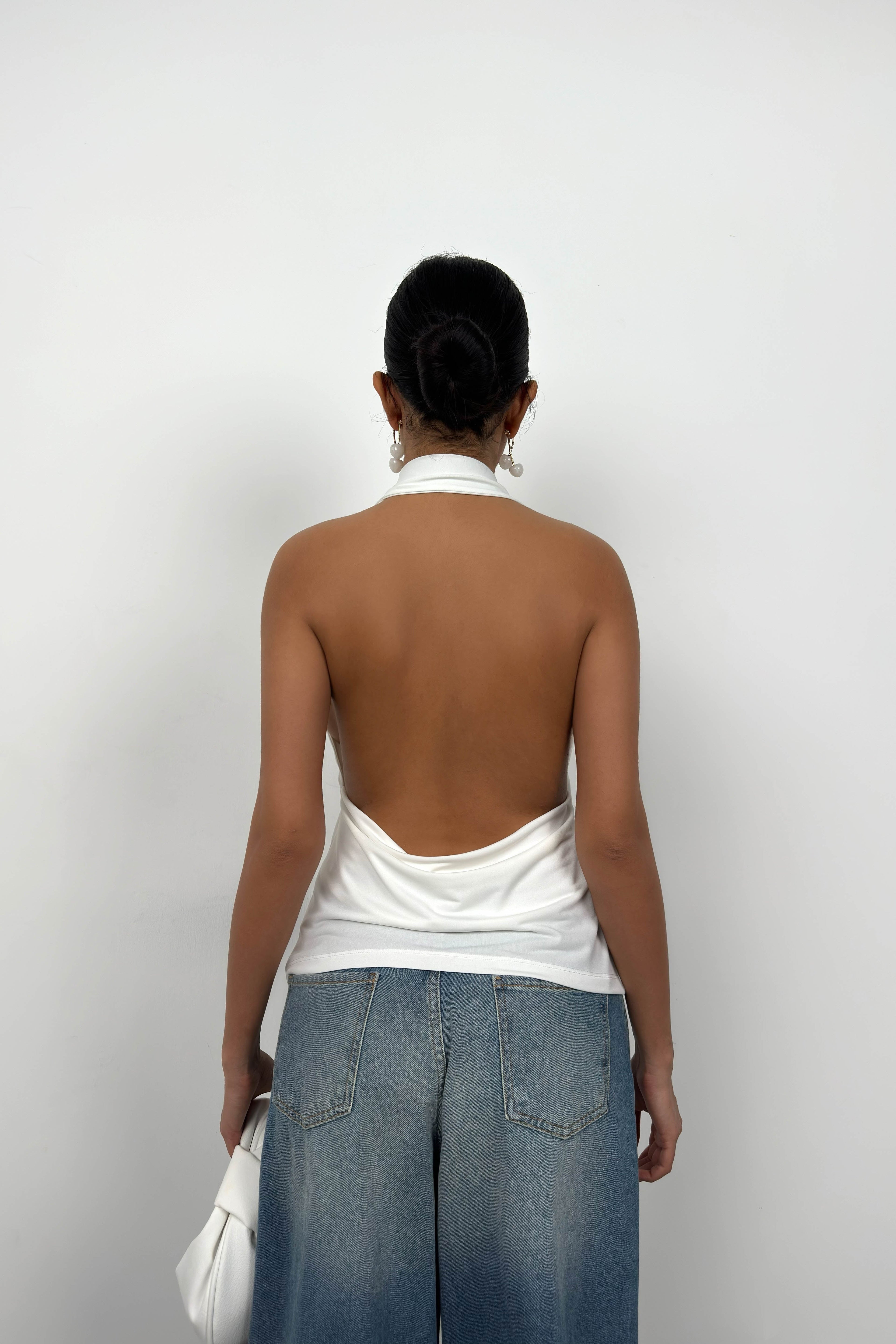 V Neck Back Cutout Ecru Blouse