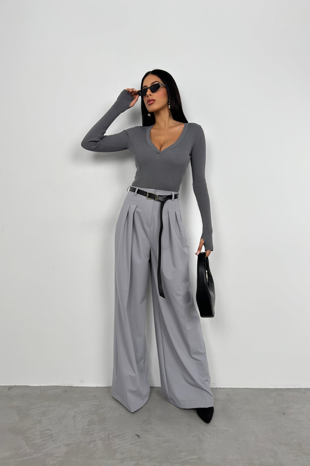 V-Neck Knit Gray Bodysuit
