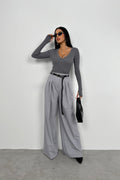 V-Neck Knit Gray Bodysuit
