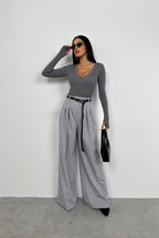 V-Neck Knit Gray Bodysuit