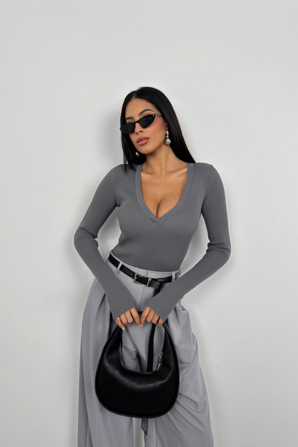 V-Neck Knit Gray Bodysuit