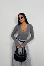 V-Neck Knit Gray Bodysuit