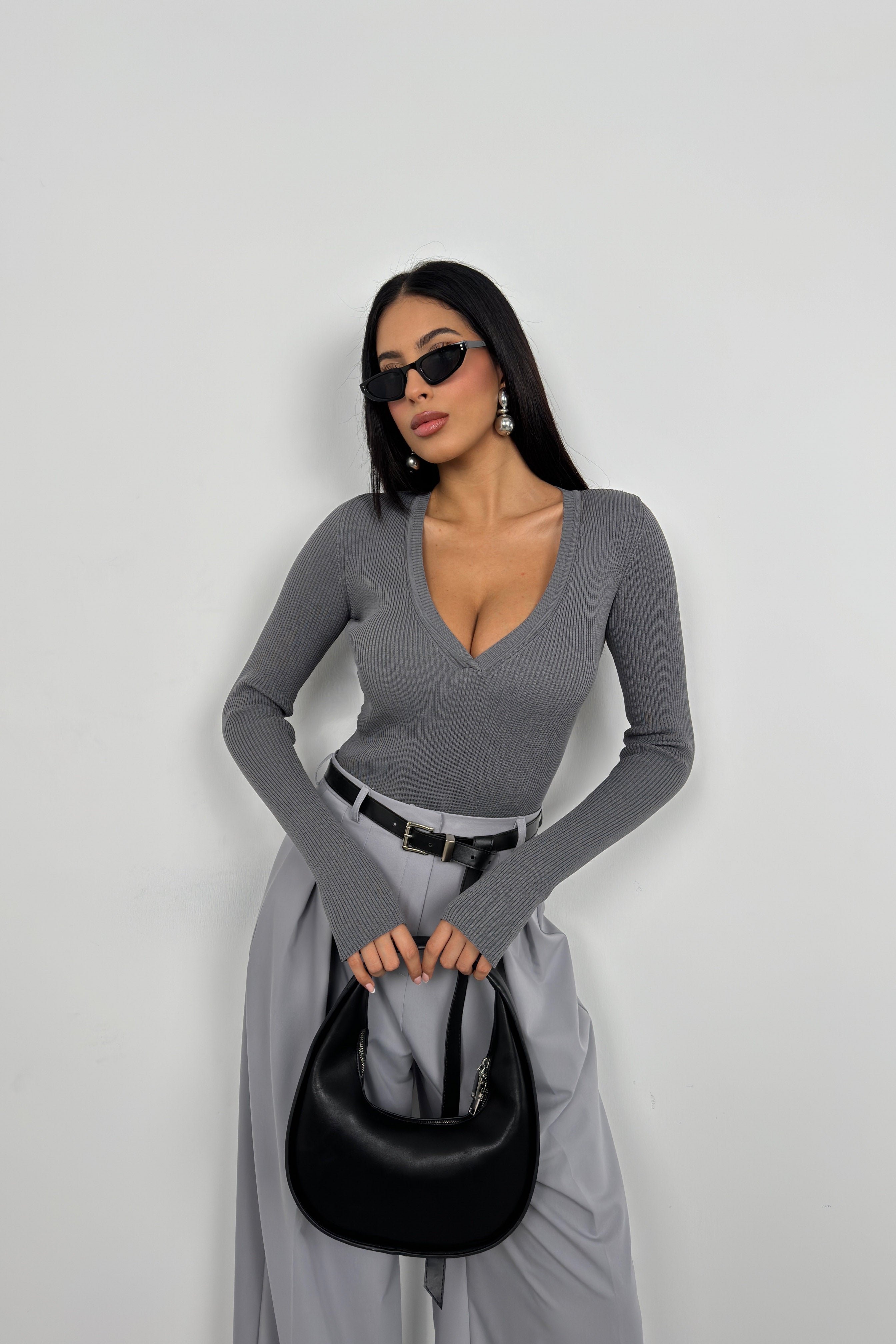 V-Neck Knit Gray Bodysuit