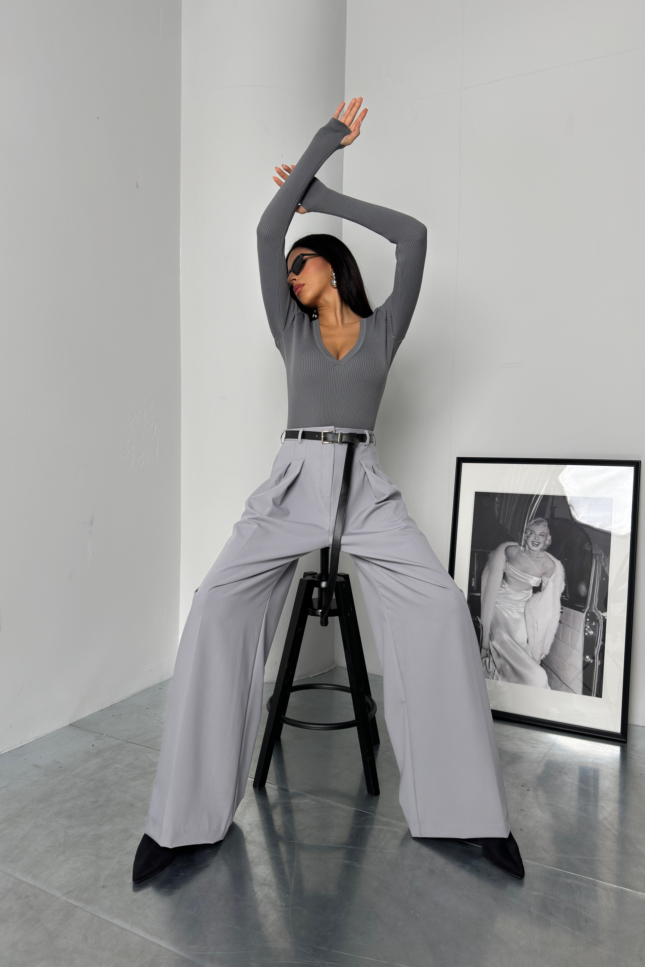 V-Neck Knit Gray Bodysuit