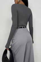 V-Neck Knit Gray Bodysuit