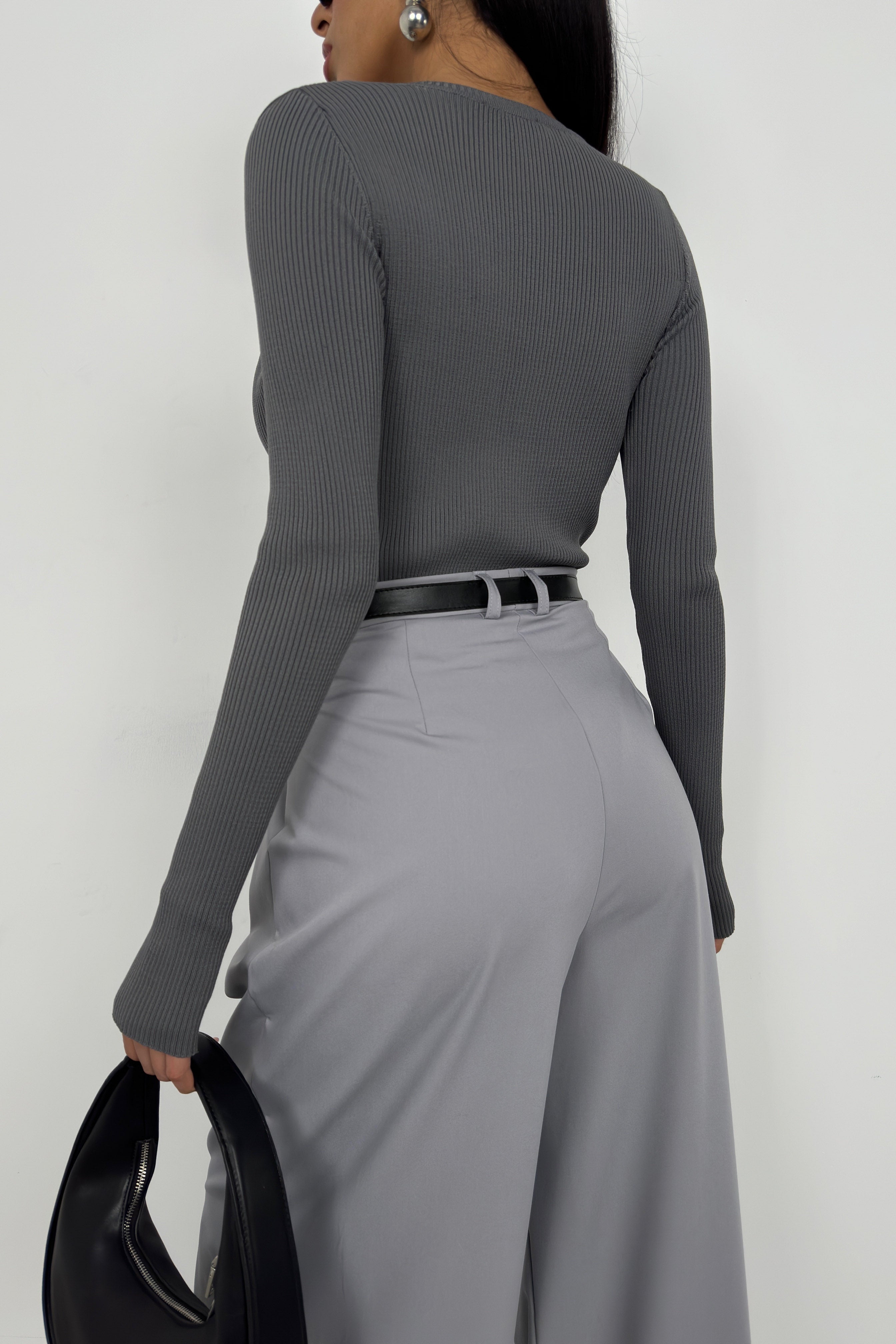 V-Neck Knit Gray Bodysuit