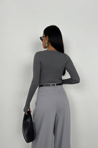 V-Neck Knit Gray Bodysuit