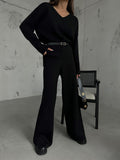V-Neck Knit Black Sweater Pants Set