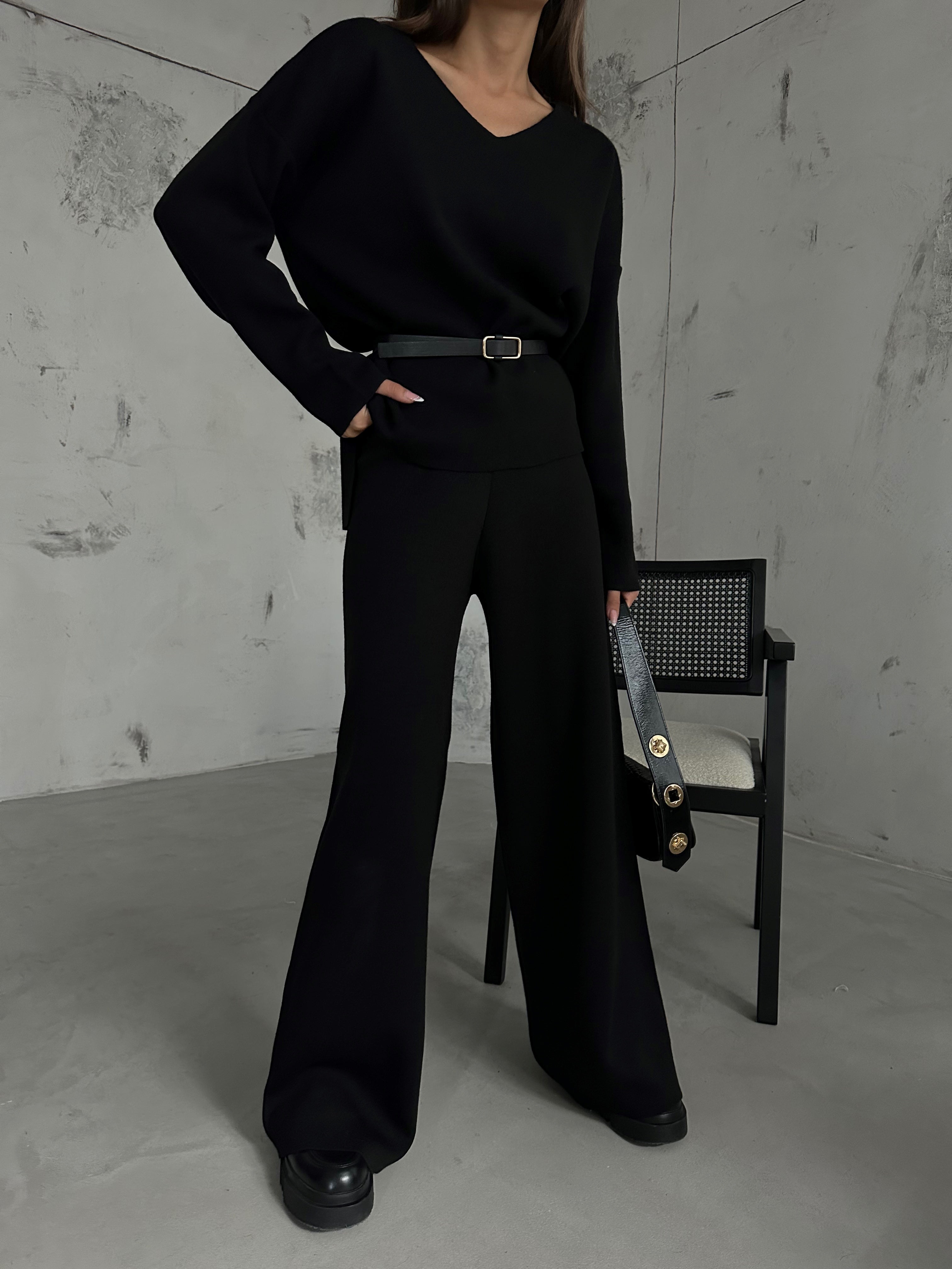 V-Neck Knit Black Sweater Pants Set