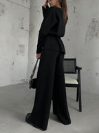V-Neck Knit Black Sweater Pants Set