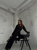 V-Neck Knit Black Sweater Pants Set