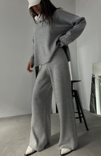 V-Neck Knit Gray Sweater Pants Set