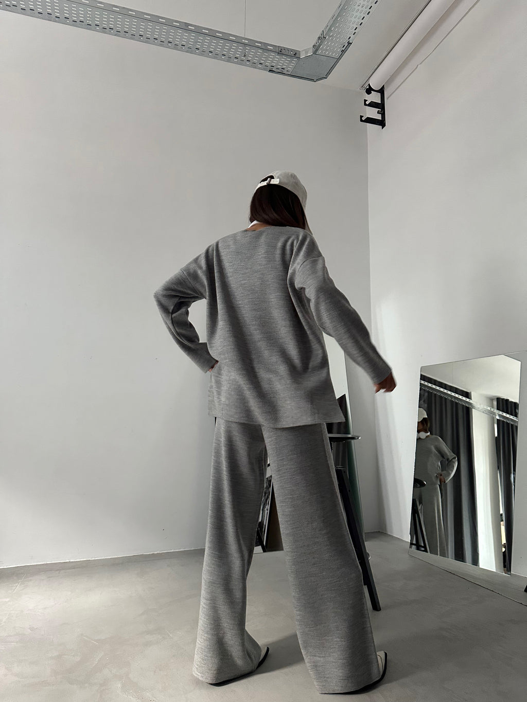 V-Neck Knit Gray Sweater Pants Set