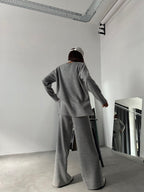 V-Neck Knit Gray Sweater Pants Set