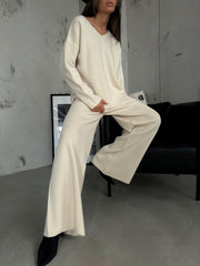 V Neck Knitted Sweater Beige Trouser Set