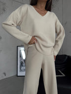V-Neck Knit Sweater Beige Pants Set