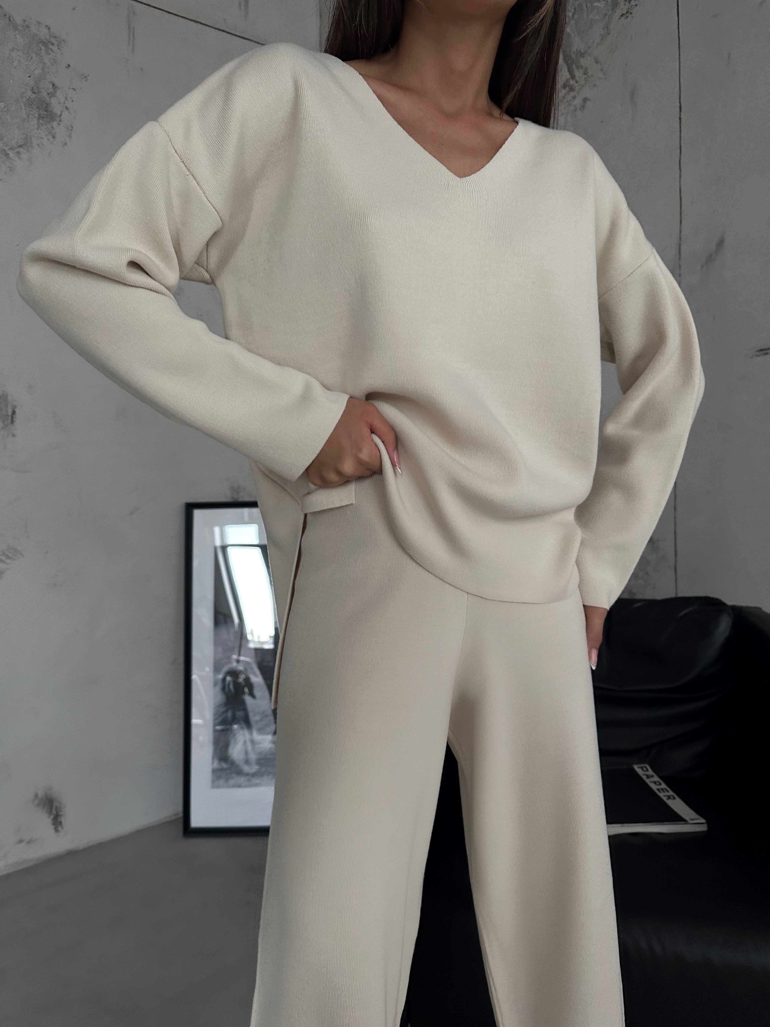 V-Neck Knit Sweater Beige Pants Set
