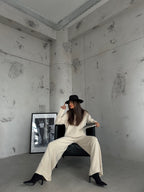 V-Neck Knit Sweater Beige Pants Set