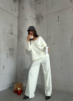 V-Neck Knit Ecru Sweater Pants Set